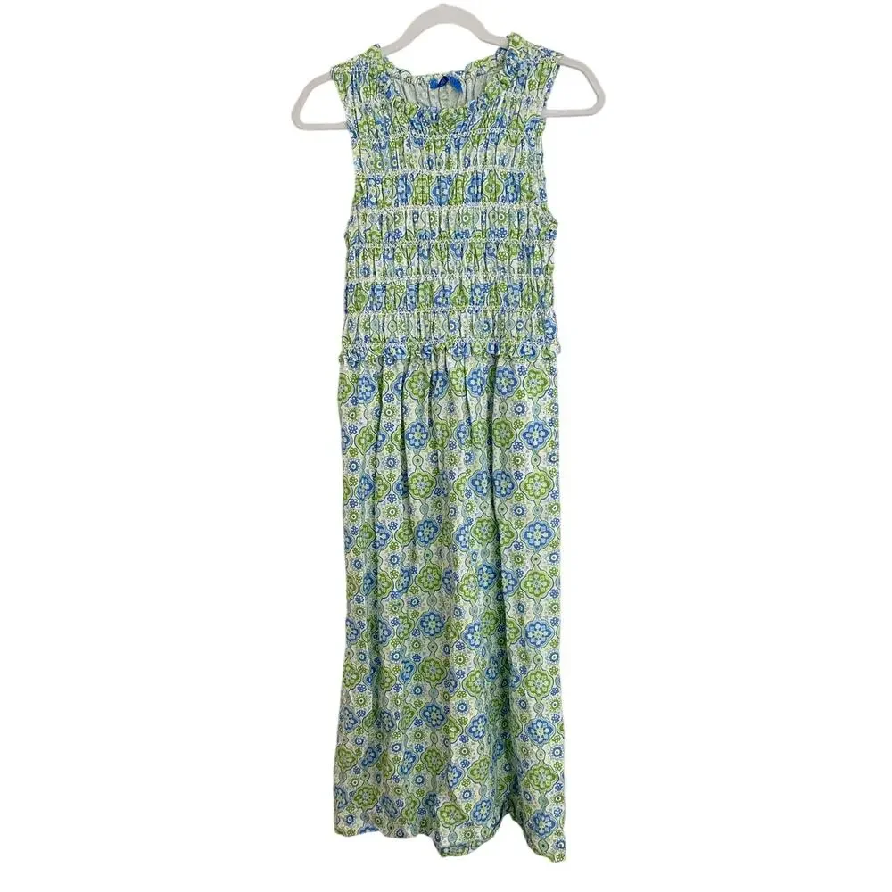 J. McLaughlin Ciri Smocked Sleeveless Midi Dress Linen Cotton Green Blue Print S - Picture 3 of 10